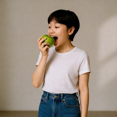 Child enjoys fresh green apple