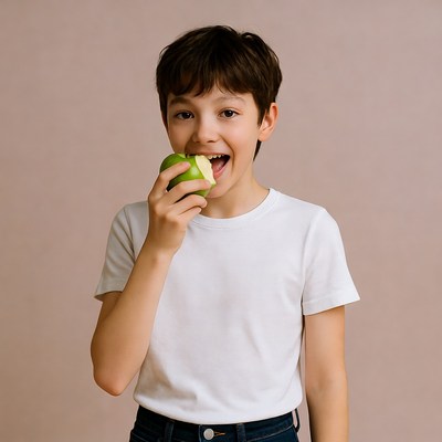 Child eating green apple indoors
