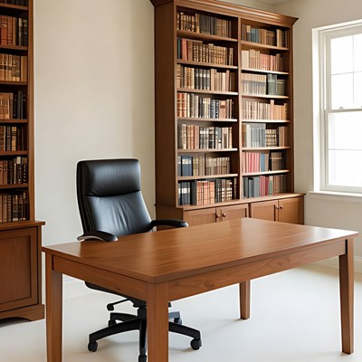 Office with wooden furniture and bookshelves