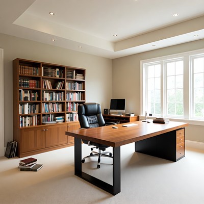 Modern office setup with desk and bookshelves
