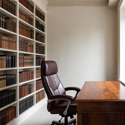 Leather chair and wooden desk in office space