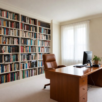 Cozy home office with bookshelves and desk