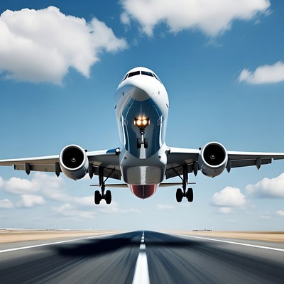 Airplane taking off at sunny airport