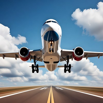 Airplane landing on runway under clouds