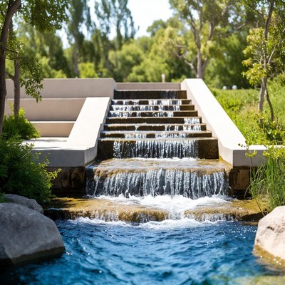 Waterfall flows over stone steps in a park