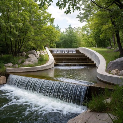 Water flows over steps in park