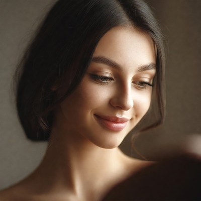 Woman smiling softly in a room