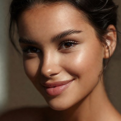 Woman with natural makeup smiling warmly