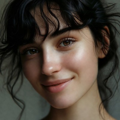 Young woman smiling indoors with curls