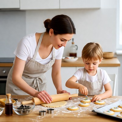 Baking cookies with family in kitchen