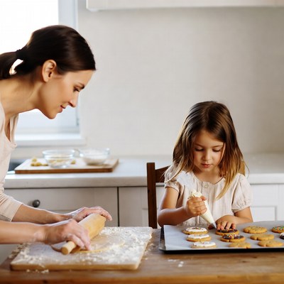 Teaching baking skills in kitchen