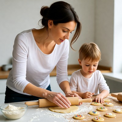 Baking cookies with child in kitchen