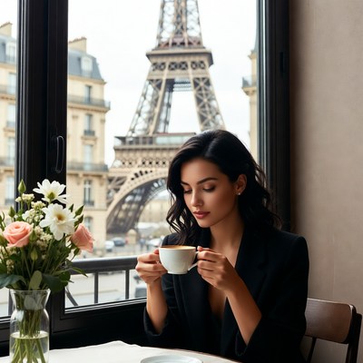 Woman enjoying coffee by eiffel tower