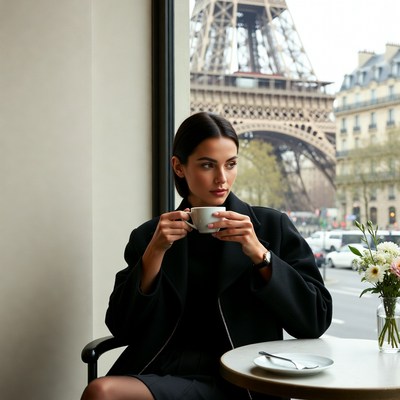 Woman with coffee near eiffel tower