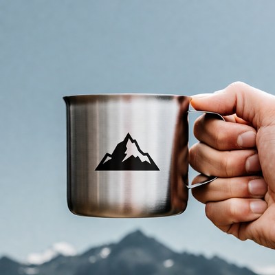 Mug held against mountain backdrop