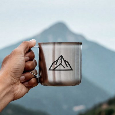 Holding a cup in the mountains