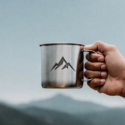 Hand holding mountain mug outdoors