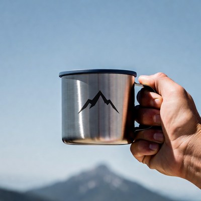 Hand holding mug in mountains