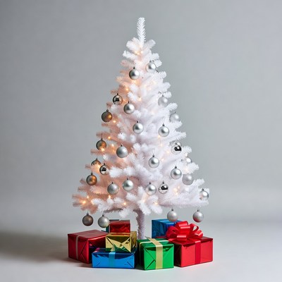 White christmas tree with colorful gifts