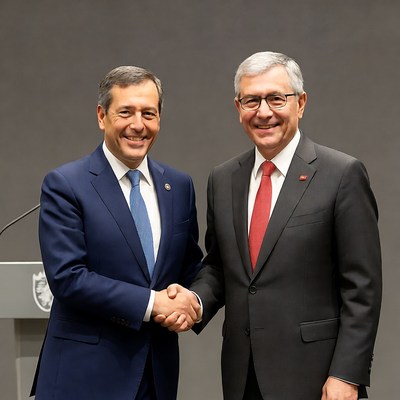 Leaders shake hands in formal setting