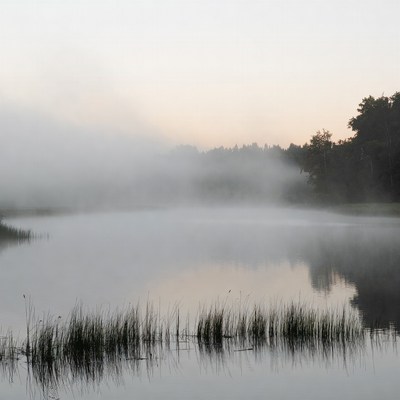 Fog over still water at dawn
