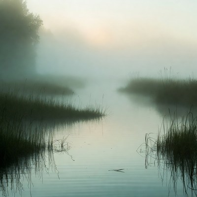Morning fog over calm water