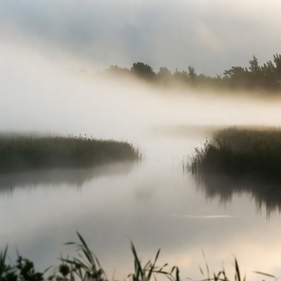 Morning fog over calm water