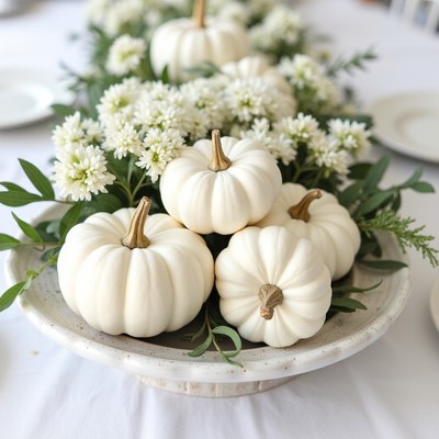 White pumpkins with flowers on table