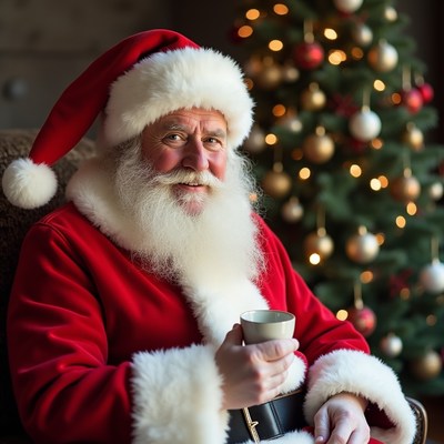 Santa with mug by christmas tree