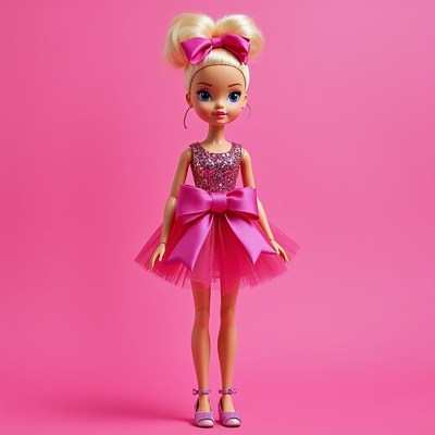 Doll in pink dress poses with bow