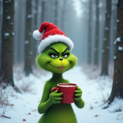 Grinch holding cup in snowy forest