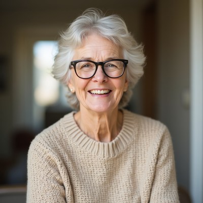 Elderly woman smiling indoors