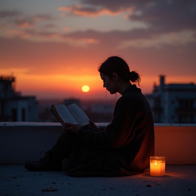 Reading at sunset on a rooftop
