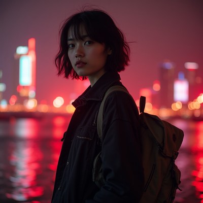 Woman at night by the water