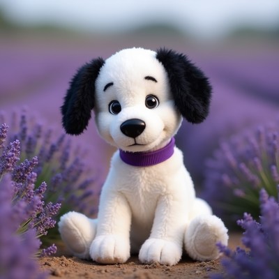 Cute dog toy in lavender field