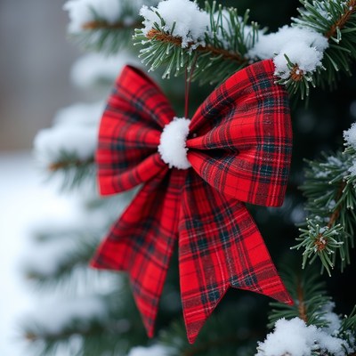 Red bow hanging on a snow-covered tree