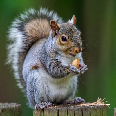 Squirrel eating nut on tree stump