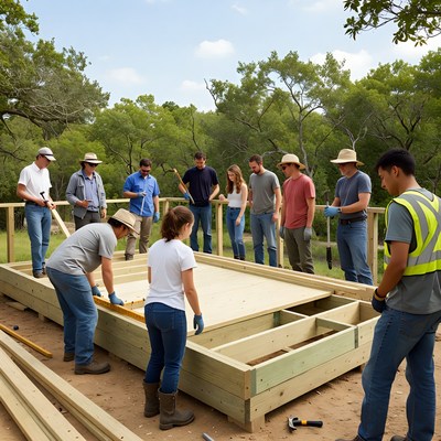 Building a wooden structure with a group