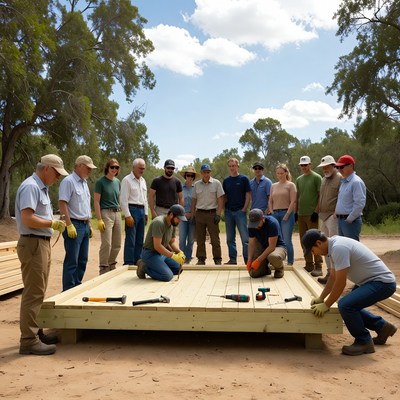 Group builds wooden deck at outdoor site
