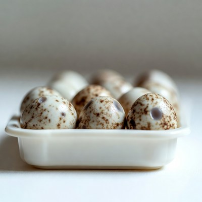 Quail eggs in a white tray