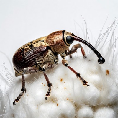 Close-up view of a weevil on cotton