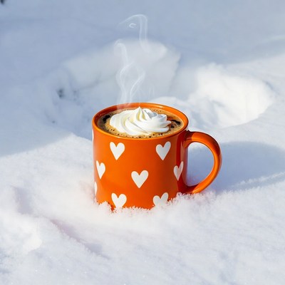 Hot drink in a snowy setting with hearts