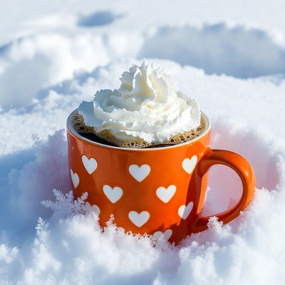 Hot drink in snow with whipped cream