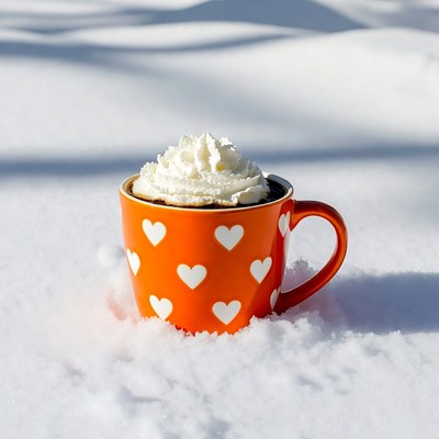 Hot drink in snow with whipped cream