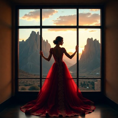 Woman in red dress by window
