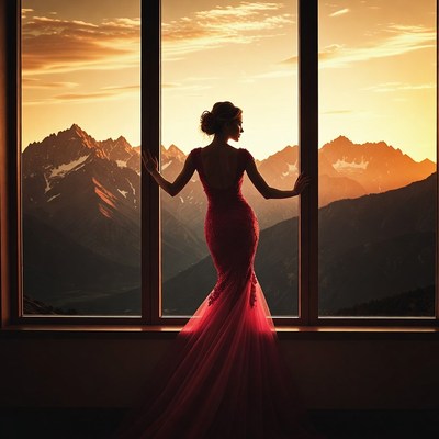 Woman in red dress by window