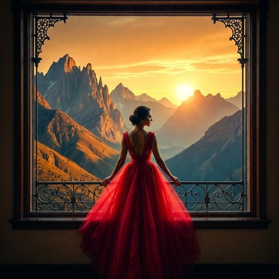 Woman in red dress at sunset