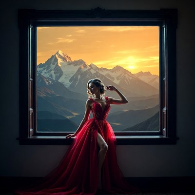 Woman in red dress by mountain window