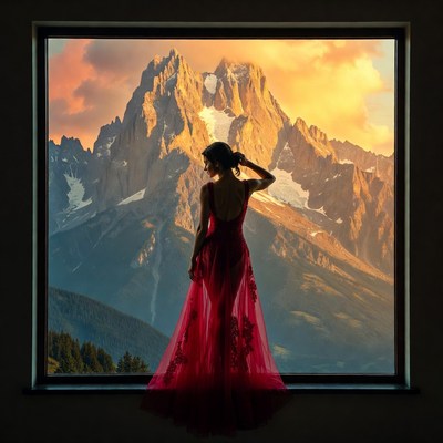 Woman in window with mountain view