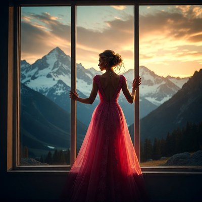 Woman in pink dress by window